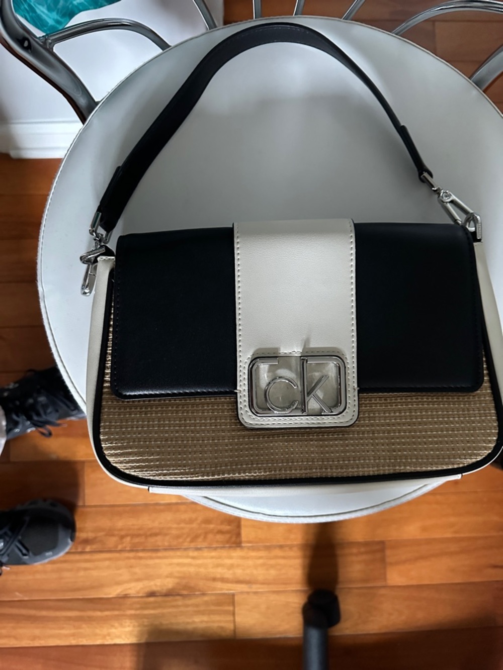 Calvin Klein Black, Cream & Tan Colorblock Shoulder Bag